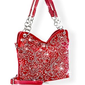 Red Shimmering Rhinestone Tote Handbag